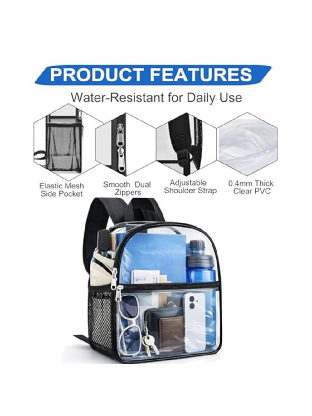 Clear Backpack Stadium Approved, Clear Bag 12 x 6 x 11 in, Small - Picture 6 of 6